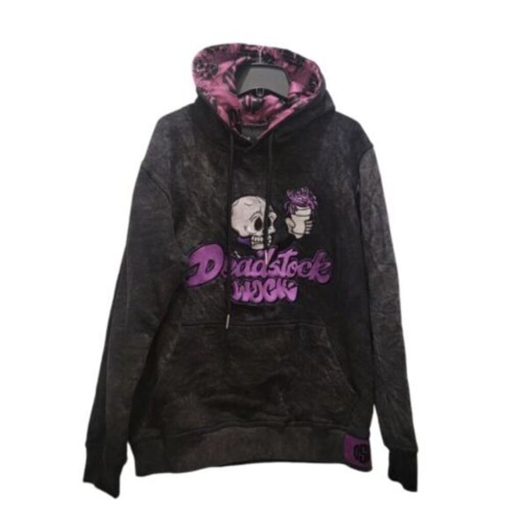 Deadstock Exotic Wock‎ Hoodie Mens Medium Black Acid Wash Purple Skull Pullover
